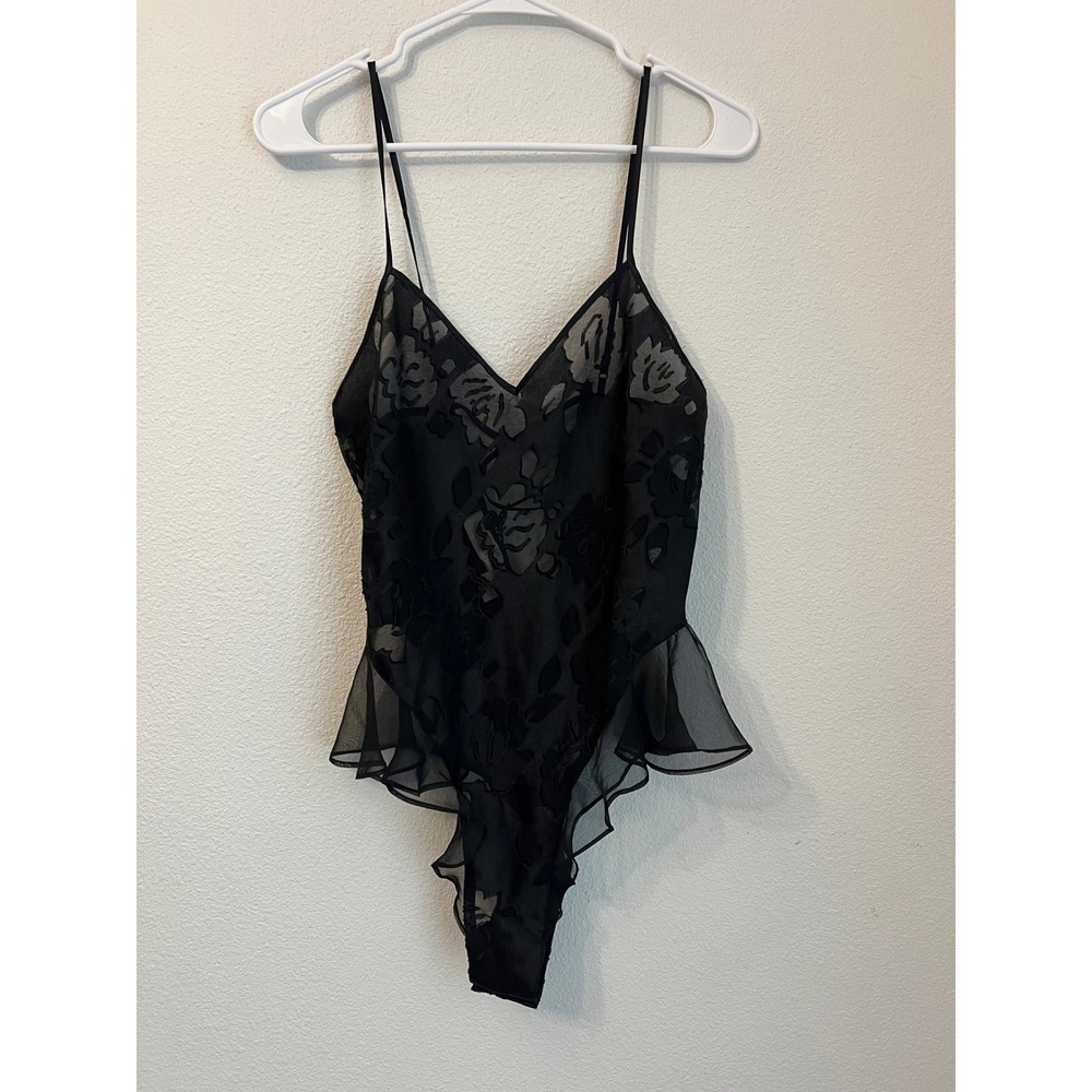 Vintage Victorias Secret Teddy Lingerie Bodysuit Black Floral Ruffle Trim Size S
